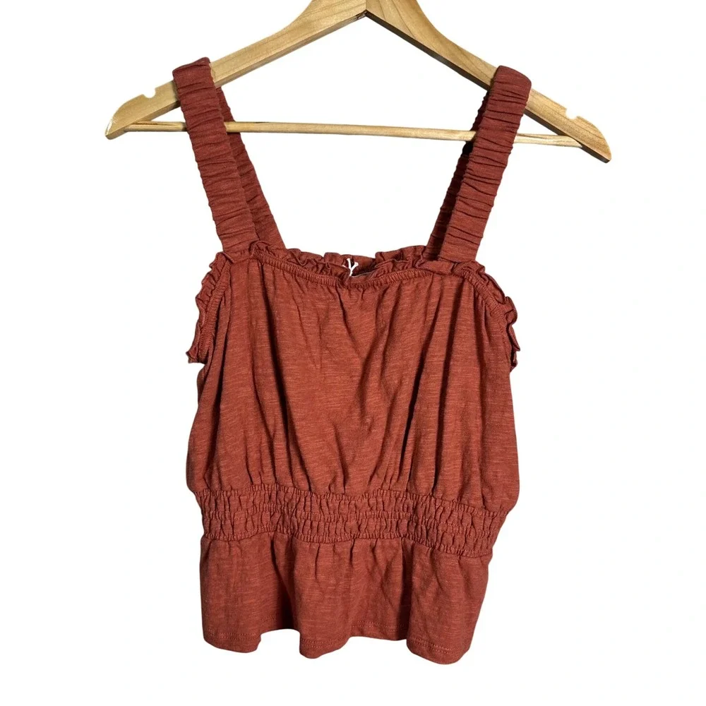 Marine Layer Terracotta Orange Smocked Peplum Tank Top Cotton Ruffle Square Neck